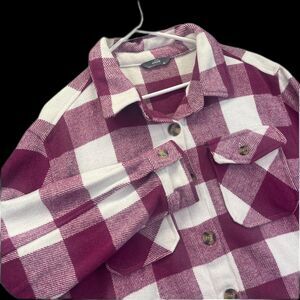 Plaid Shacket Women Classic Relaxed Fit Pink Cream Button Front M Pockets
